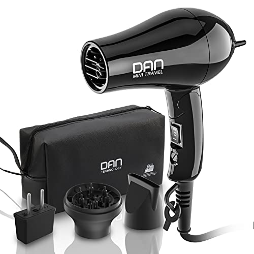 Dan Technology Compact Hair DryerTravel Hair DryerPortable Mini BlowDryer with ConcentratorDiffuserHairDryer with European Plug